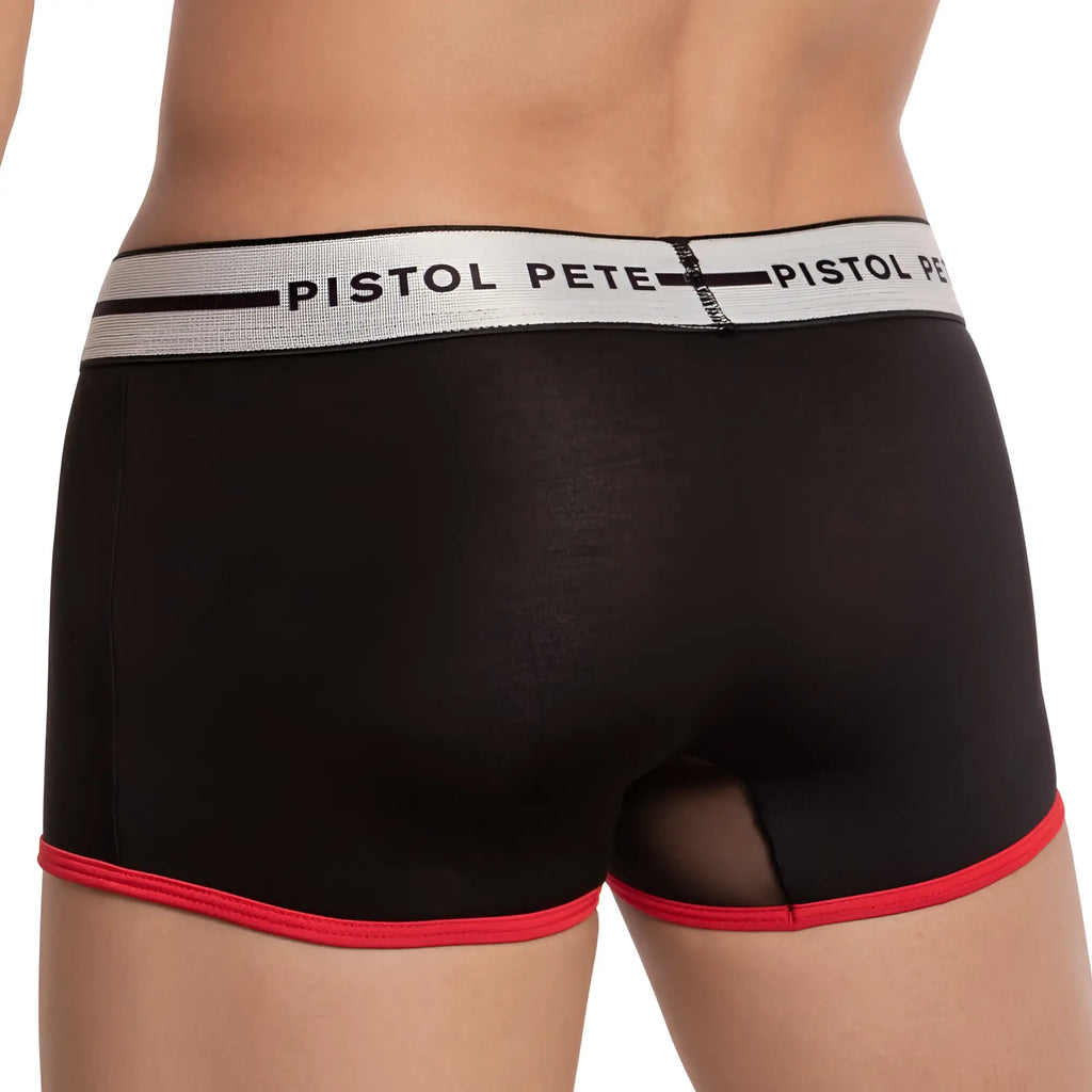 Black men’s boxer briefs pistol pete ppg036 with white waistband and red trim on leg openings