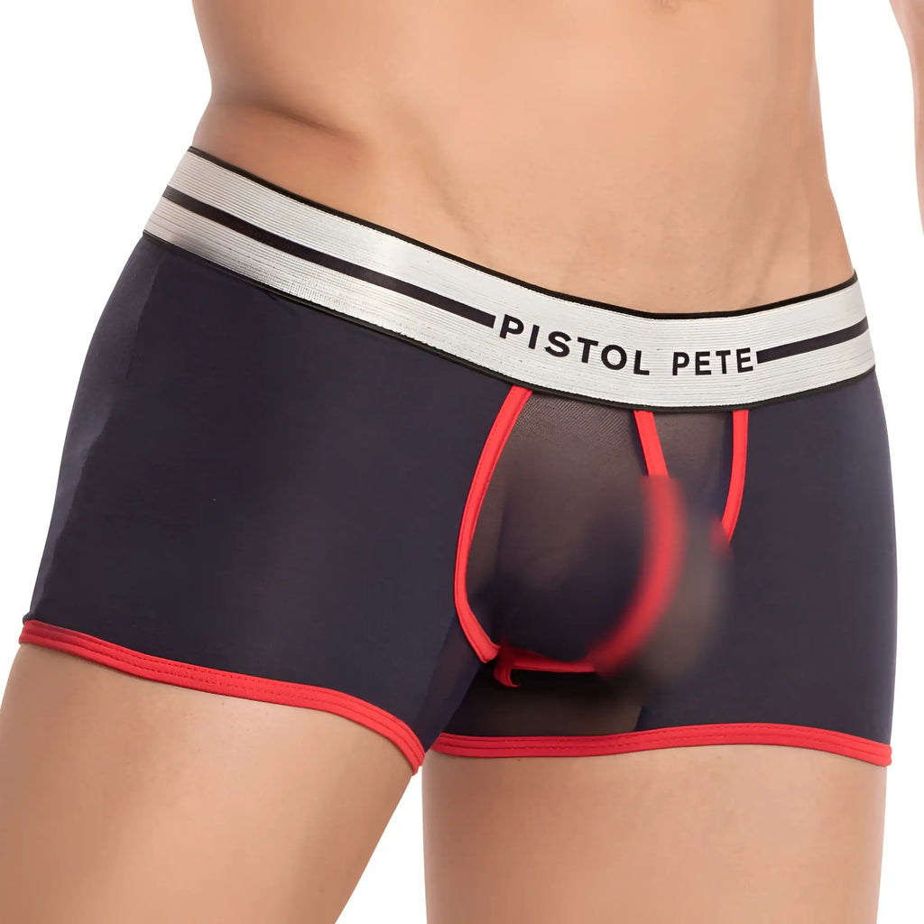 Pistol Pete PPG036 boxer trunk in black and red with white waistband featuring pistol pete brand name