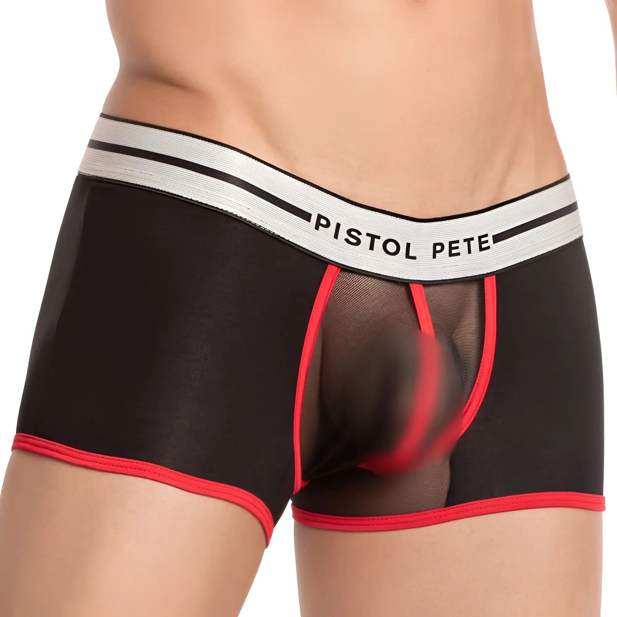 Black and red mesh Pistol Pete PPG036 boxer trunk with white waistband featuring pistol pete brand name