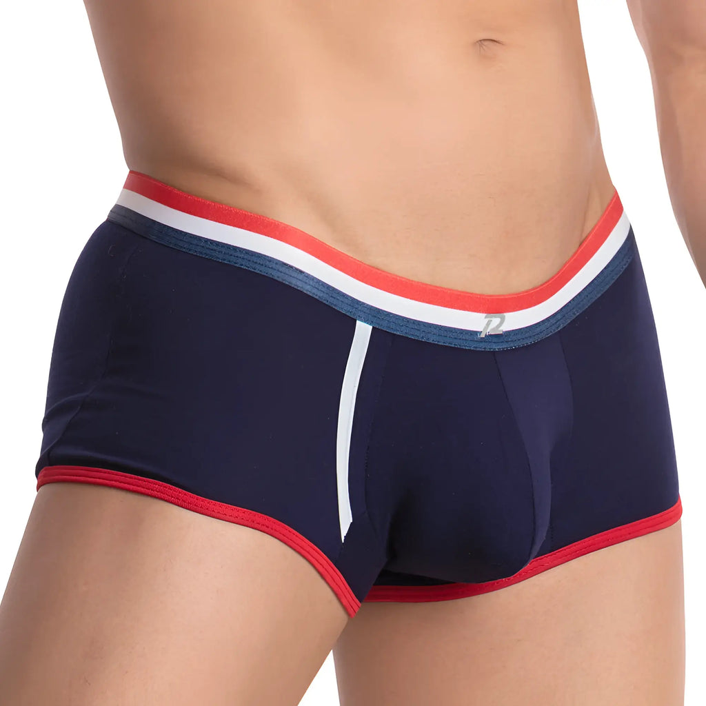 Navy blue pistol pete ppg037 boxer briefs with red white striped waistband and subtle white vertical side stripe