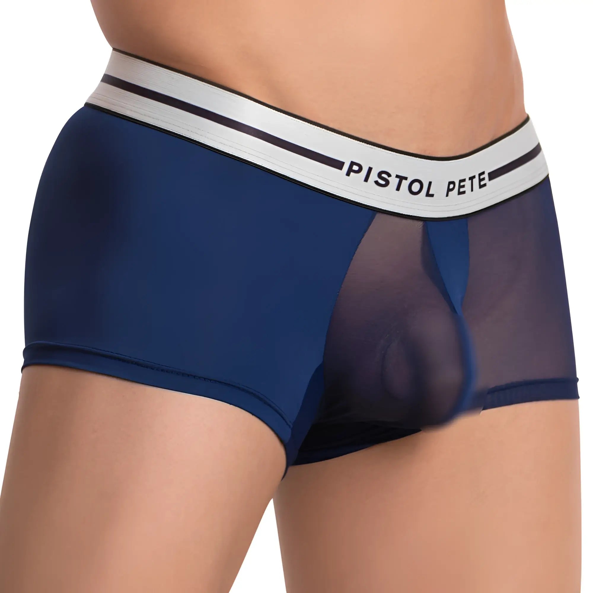 Navy blue pistol pete ppg039 men’s boxer briefs with white waistband black stripes and pistol pete logo