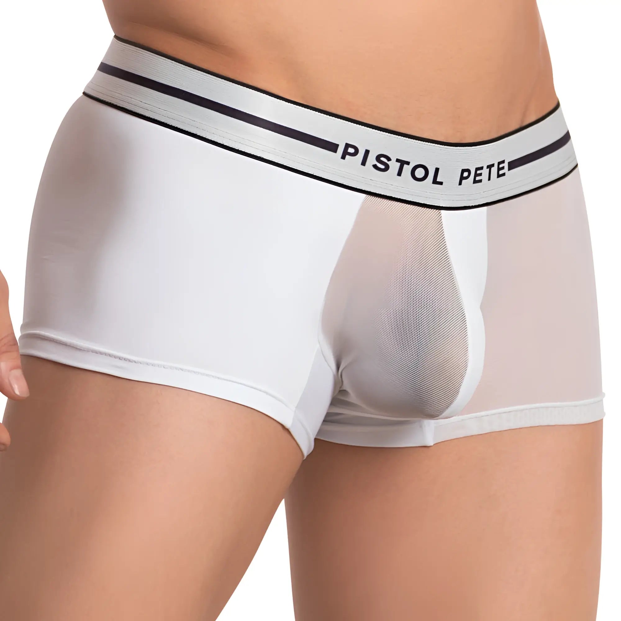 White men’s pistol pete ppg039 boxer briefs with black and white striped waistband and sheer front mesh panel