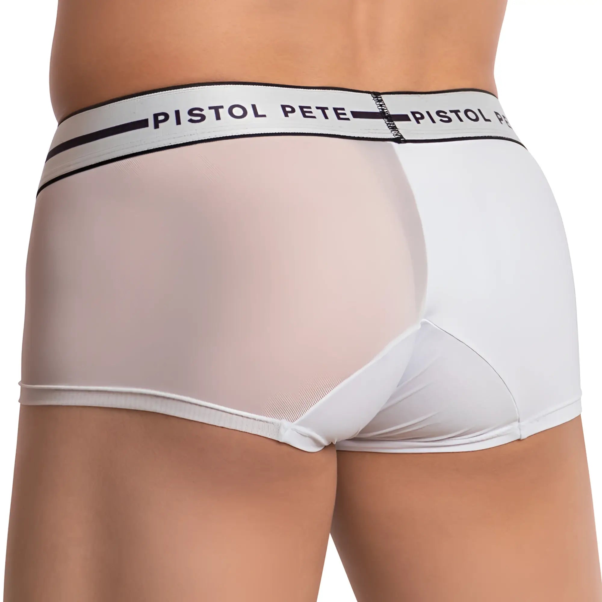 White mesh boxer briefs with solid white waistband featuring pistol pete logo in black text model ppg039