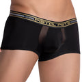 Black men’s boxer briefs with gold and gray branded waistband featuring the Pistol Pete logo PPG041 design