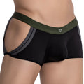 Black and olive green cut-out boxer briefs with gray trim by pistol pete model PPG044 designed for comfort and style