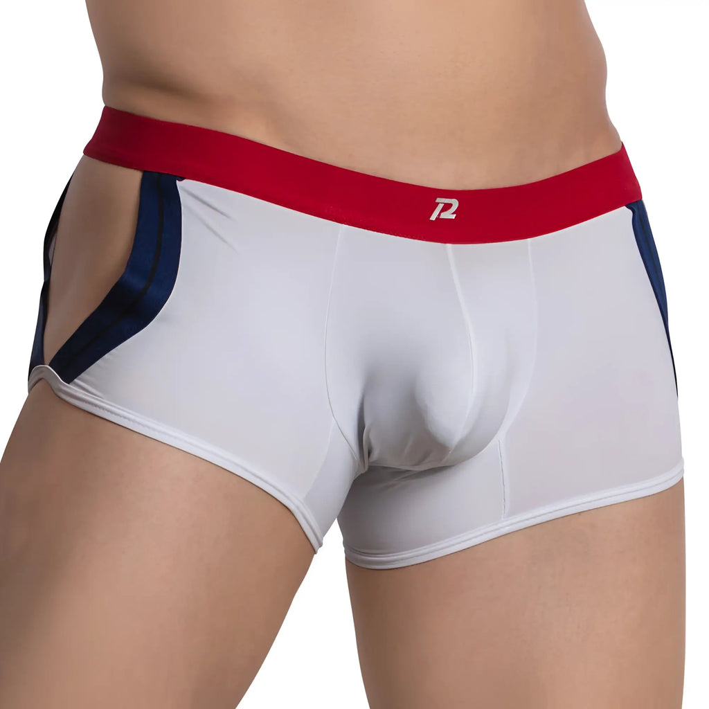 White men’s boxer briefs pistol pete ppg044 with red waistband white logo and navy blue side panels front view