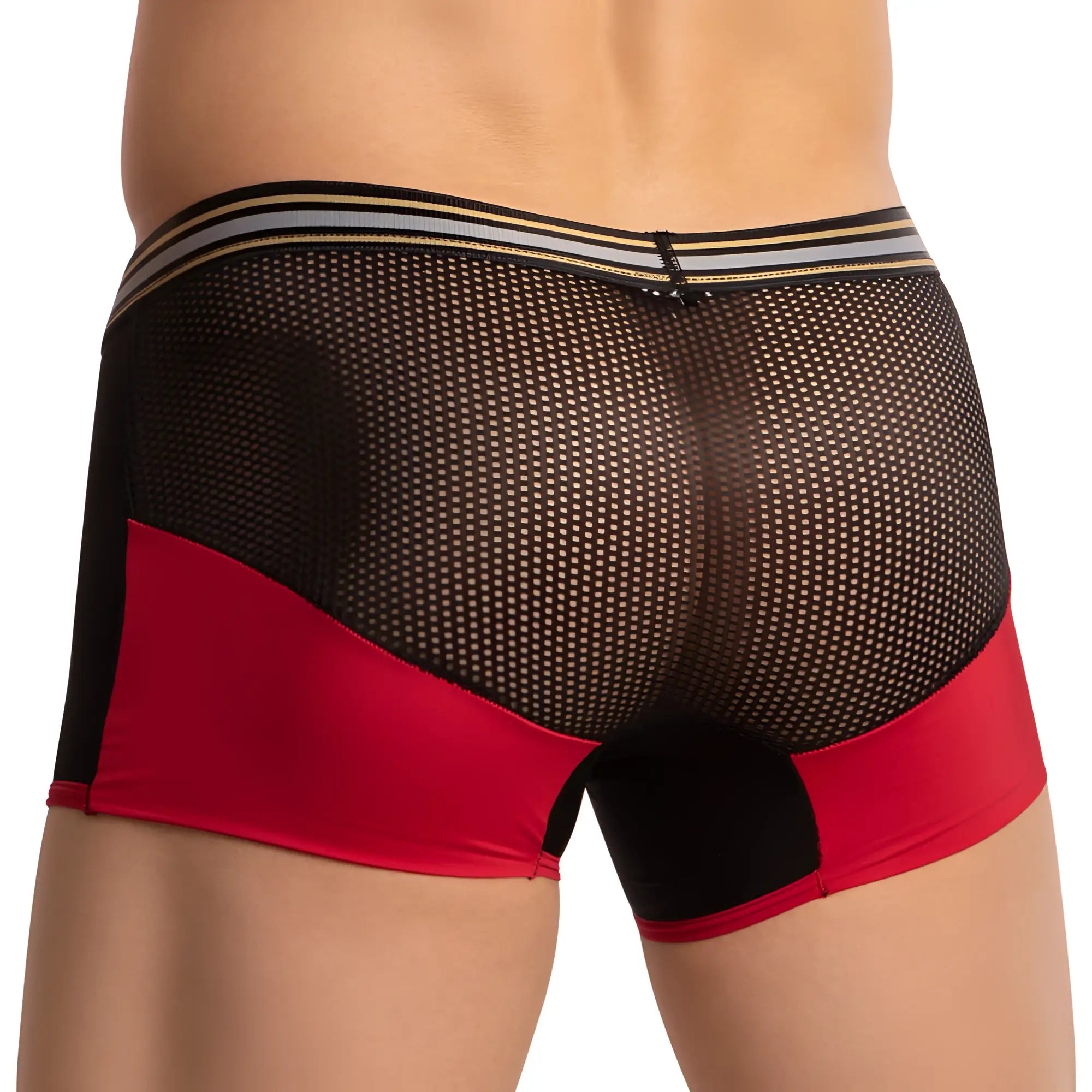 Pistol pete ppg045 boxer trunk black and red mesh briefs with striped waistband front view