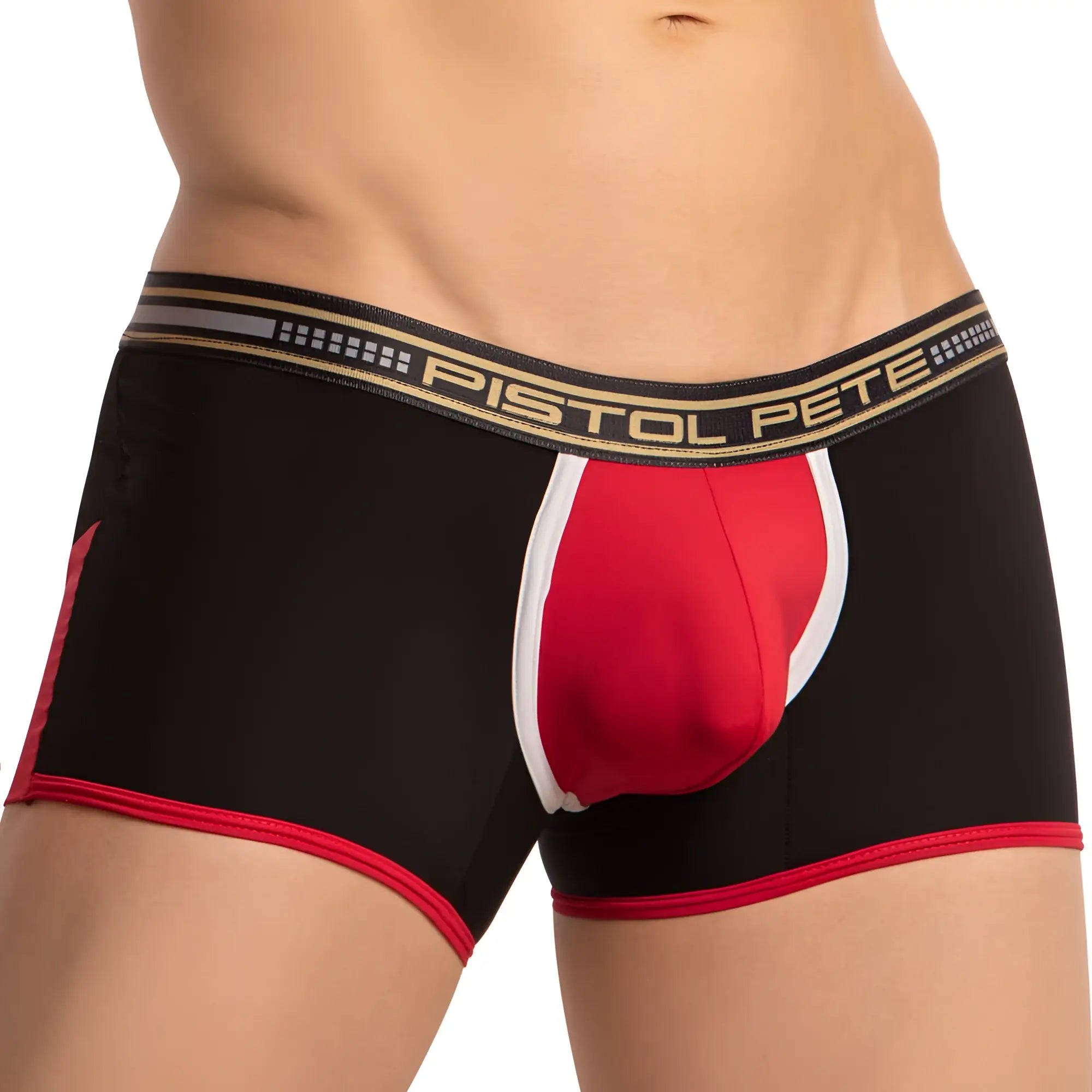 Pistol pete PPG045 boxer trunks in black red and white with branded waistband designed for comfortable everyday wear