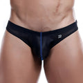 Black mesh bikini briefs by Pistol Pete with blue zipper and silver logo detailing on the front