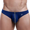 Deep blue mesh bikini briefs with silver zipper and subtle pistol pete logo ppj011 design