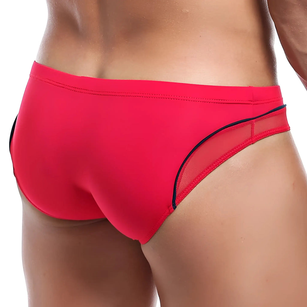Pistol Pete PPJ014 bikini brief in bright red with sheer mesh panel and black trim along the side