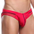 Red men’s bikini brief swim trunks with black trim and mesh panels from pistol pete ppj014 collection
