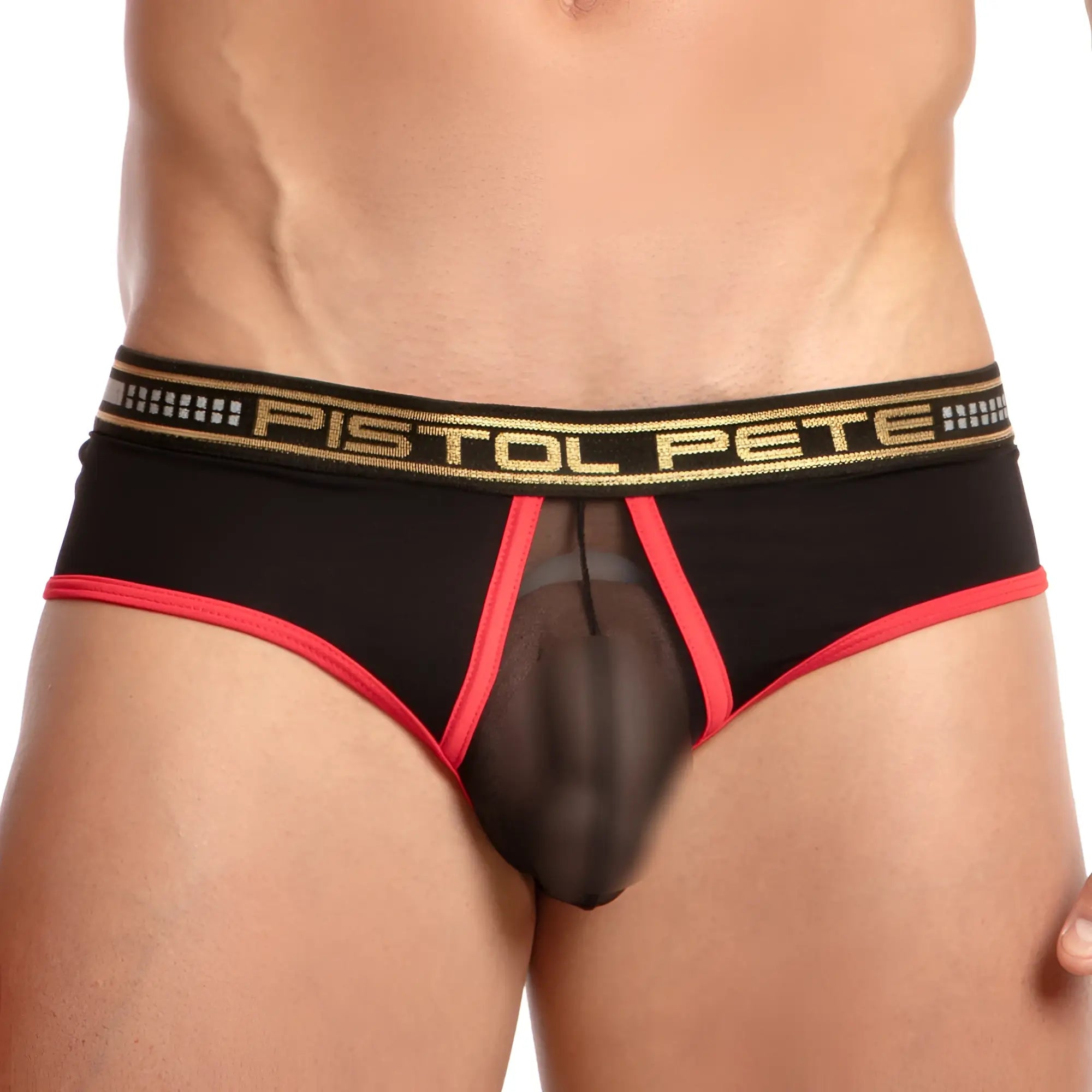 Black and red transparent briefs with gold pistol pete waistband for stylish and bold underwear look
