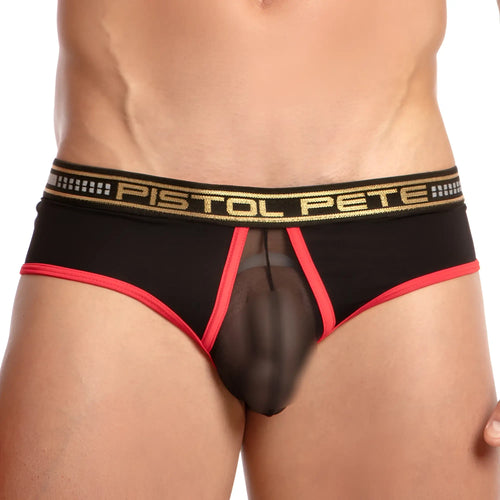 Black and red transparent briefs with gold pistol pete waistband for stylish and bold underwear look
