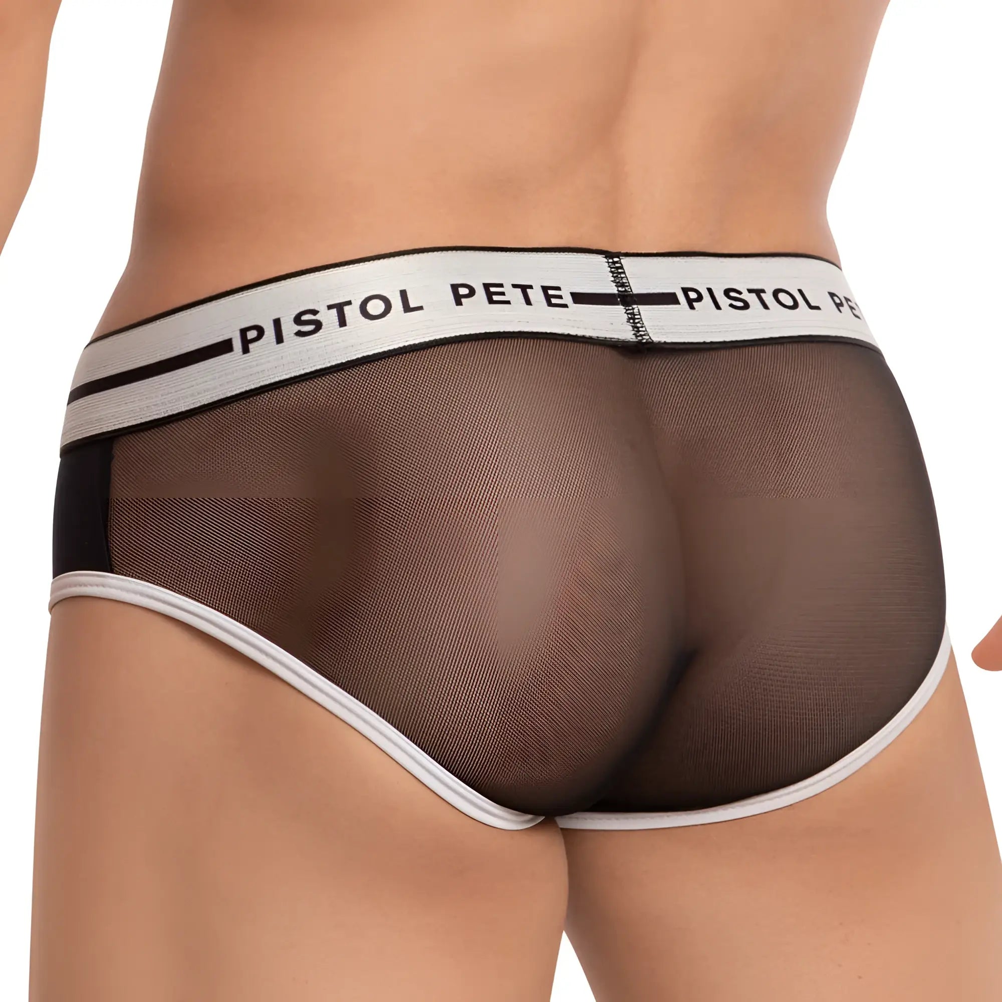 Black mesh briefs with white trim and branded waistband by pistol pete ppj024 for comfortable everyday wear