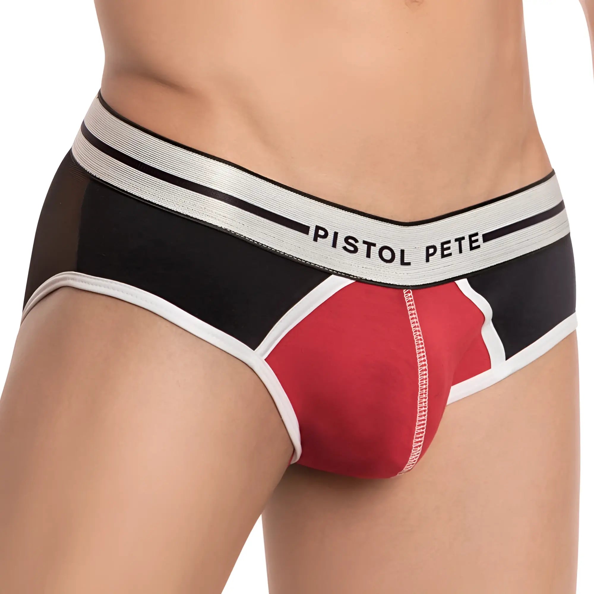 Black and red men’s briefs with white trim featuring pistol pete logo on waistband pistol pete ppj024 brief