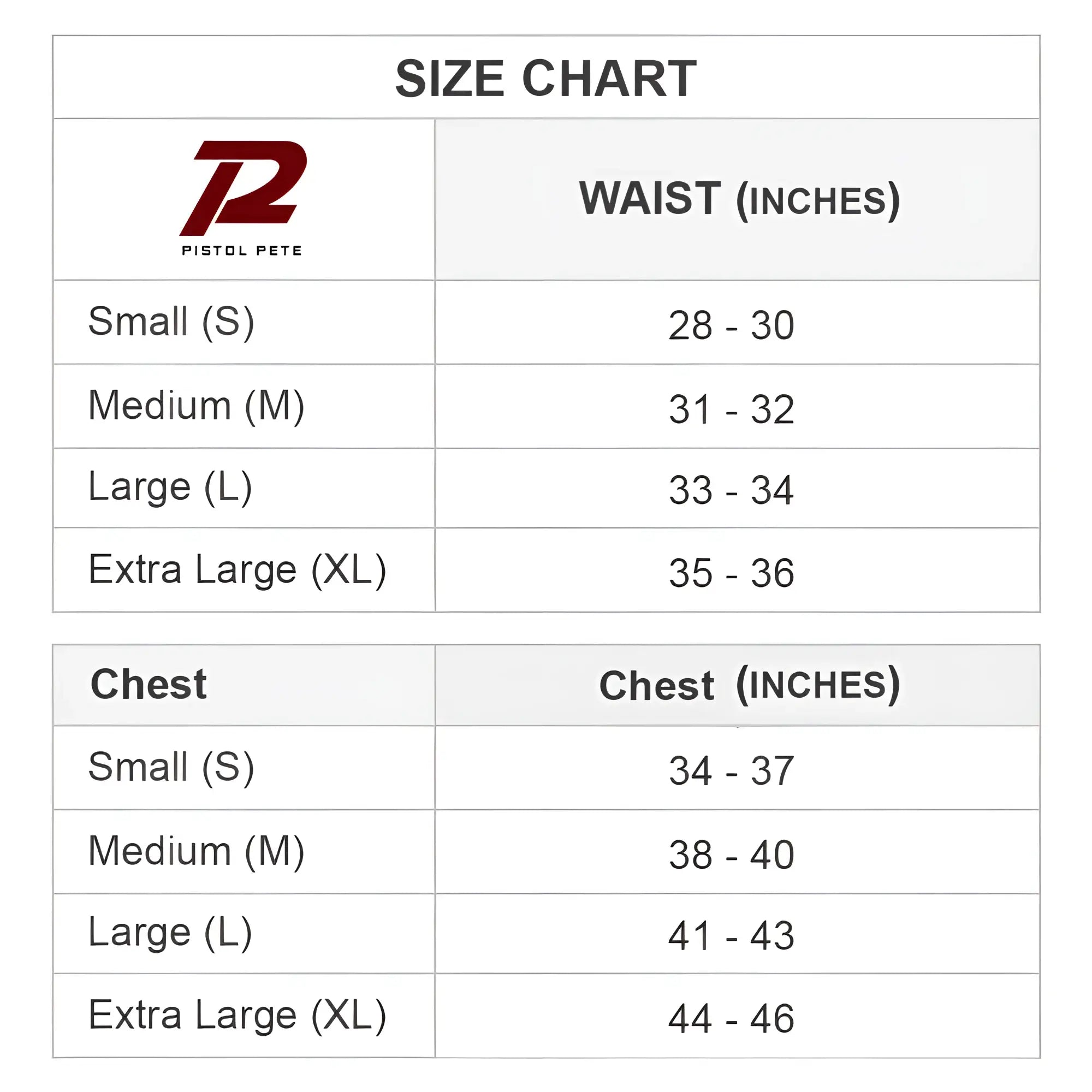 Pistol Pete PPJ030 Brief size chart showing waist and chest measurements from small to extra large sizes