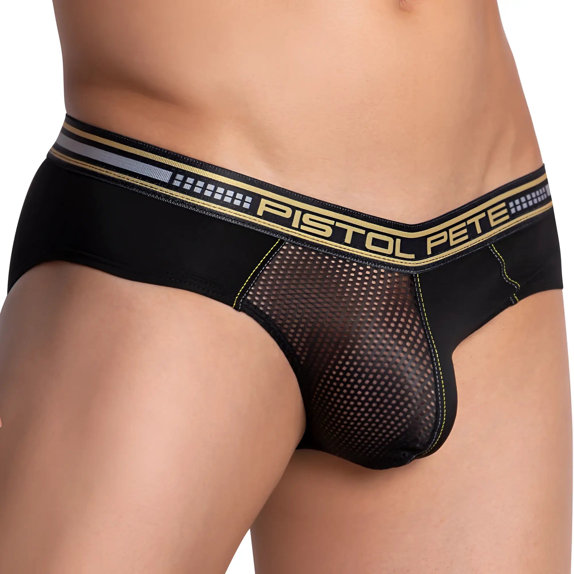 Black mesh briefs with a gold and gray elastic waistband featuring the pistol pete logo ppj031 brief