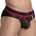 Black mesh briefs with red trim and white waistband logo by pistol pete ppj032 for breathable comfort and style