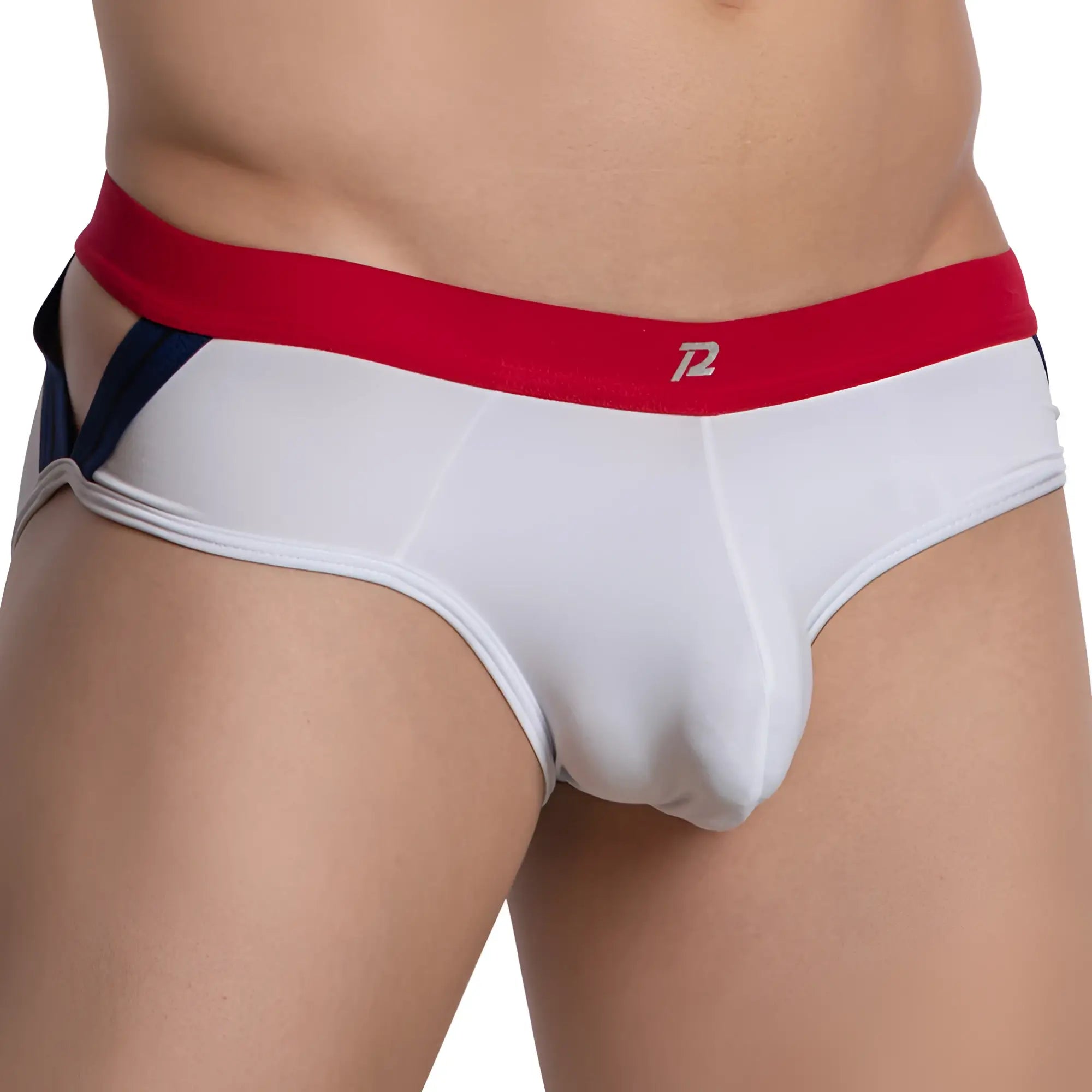 White men’s briefs pistol pete ppj033 with red waistband silver p2 logo and navy blue side panels