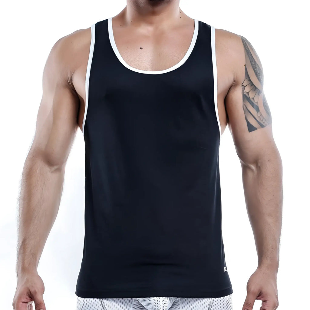 Pistol Pete PPM008 black tank top with white trim around neckline and armholes for casual or sportswear