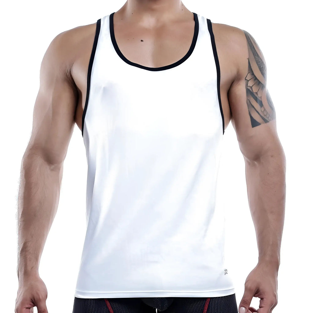 Pistol Pete PPM008 white athletic tank top with black trim along neckline and armholes for active wear
