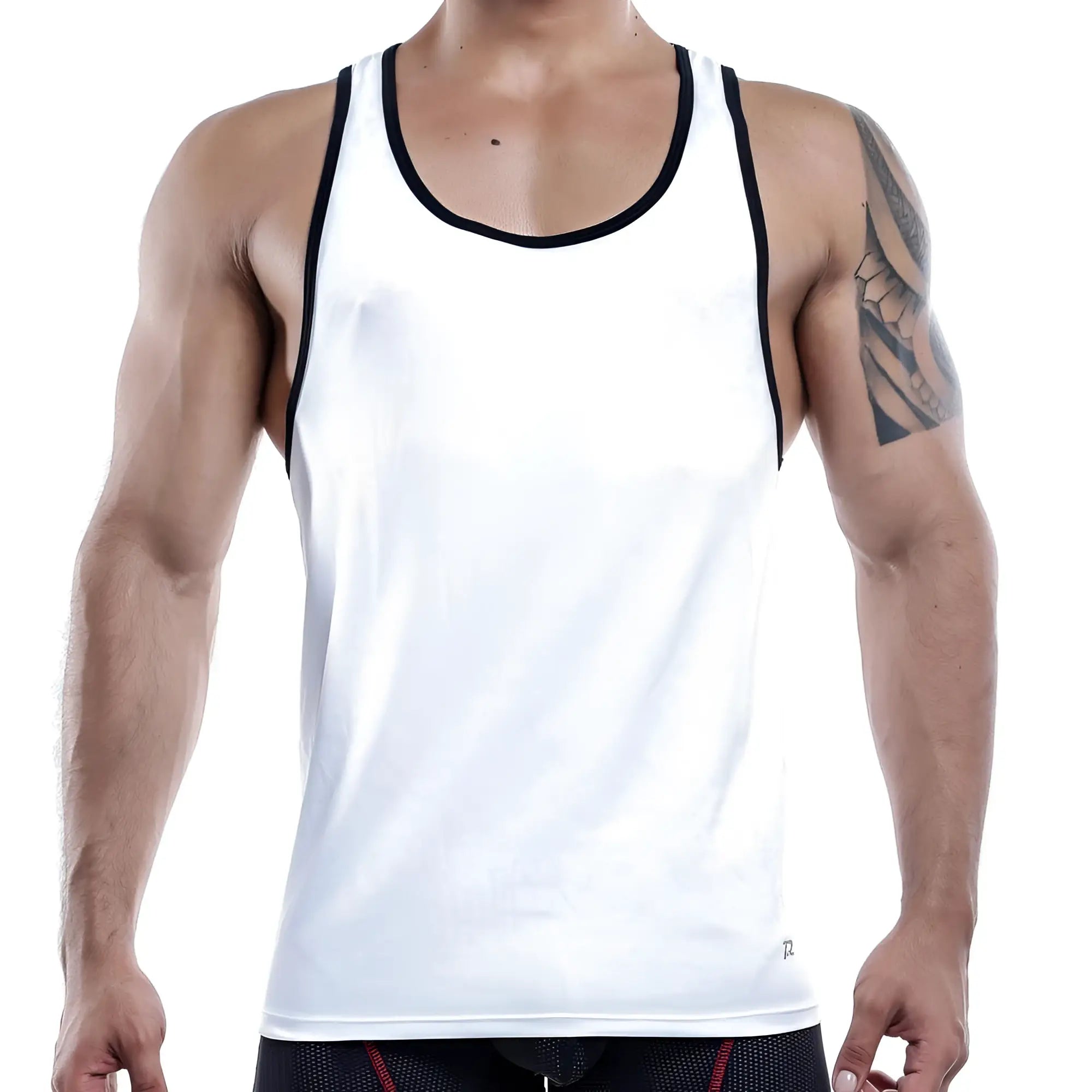Pistol Pete PPM008 white athletic tank top with black trim along neckline and armholes for active wear