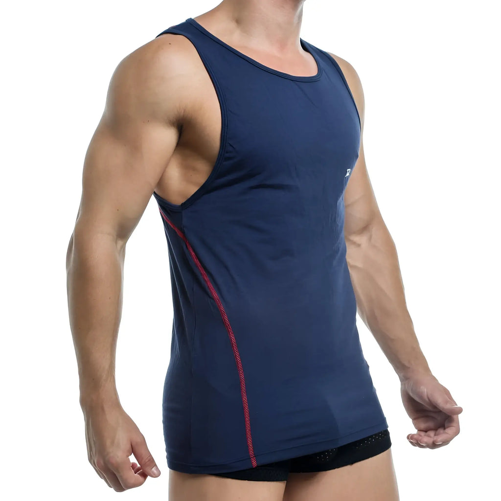 Navy blue pistol pete ppm010 athletic tank top with red stitching along side seam designed for active wear