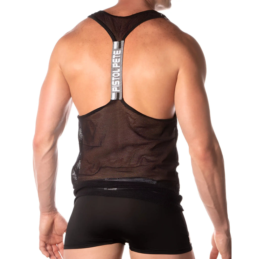 Black mesh pistol pete ppm014 tank top with central vertical strap and white pistol pete logo lettering