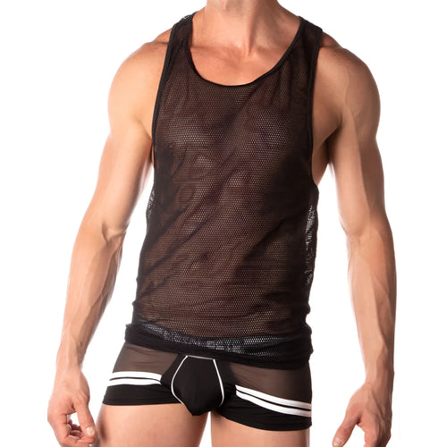 Black mesh pistol pete ppm014 tank top with scoop neckline and ribbed hem for breathable casual wear