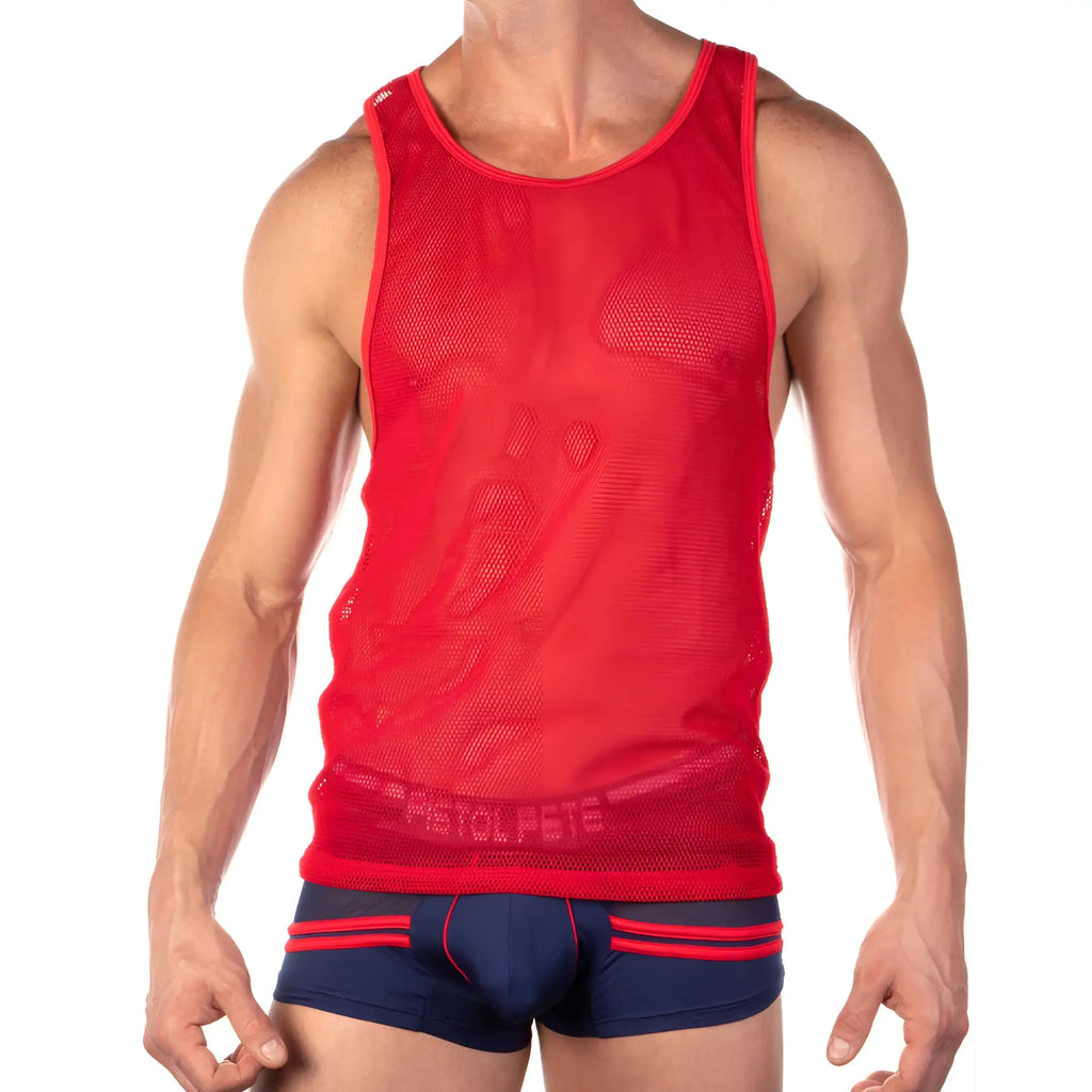 Pistol pete ppm014 red mesh tank top with subtle pattern and reinforced trim along neckline and hem