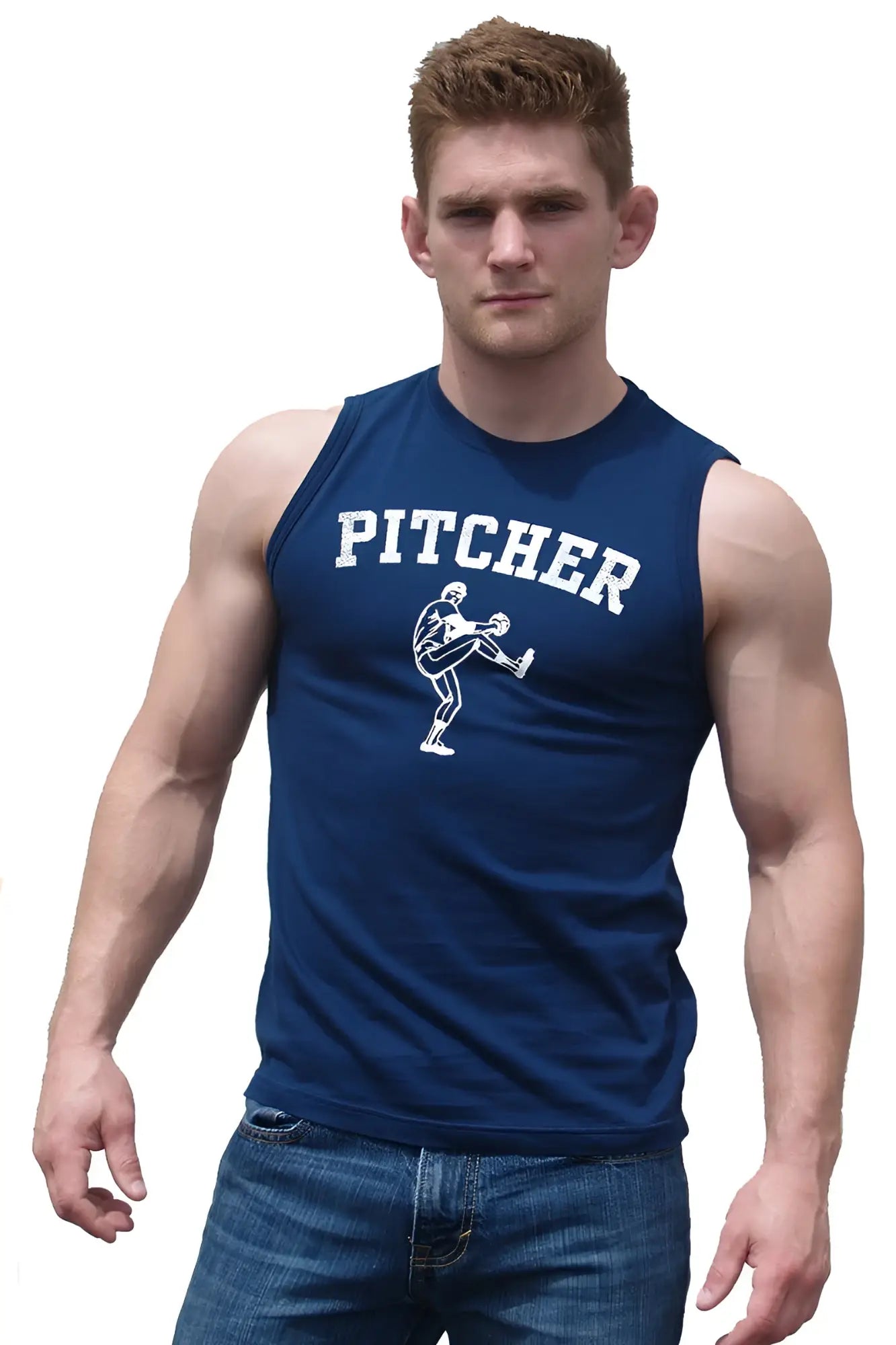 Navy blue sleeveless athletic fit tank top with white pitcher lettering and baseball pitcher graphic for sports use