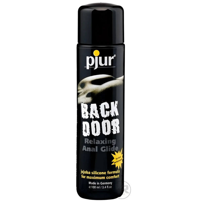 Black cylindrical bottle of pjur backdoor relaxing anal glide with black cap and white label text for intimate use