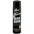 A black, 100ml bottle of Pjur Backdoor Relaxing Anal Glide with bold white text and a yellow accent.