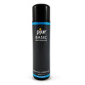 Black cylindrical bottle of pjur basic waterbased personal lubricant with glossy finish and blue accent bands