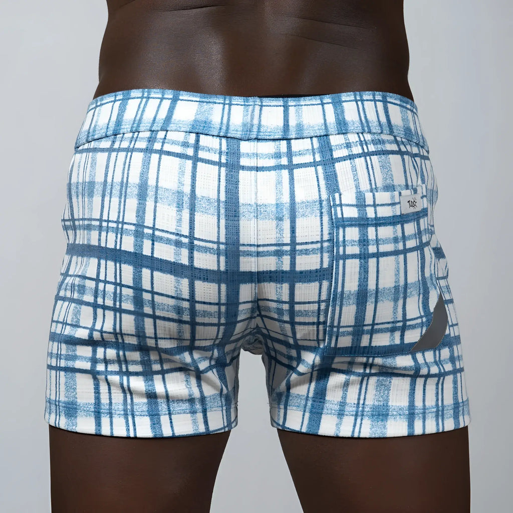 Blue and white plaid print linen texture shorts with a textured fabric finish perfect for casual wear