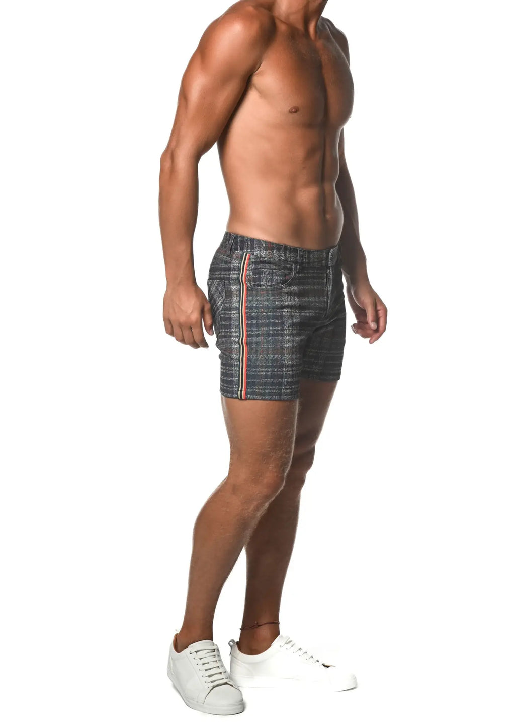 Dark gray plaid stretch knit shorts with subtle red and white striped side tape panel for casual wear