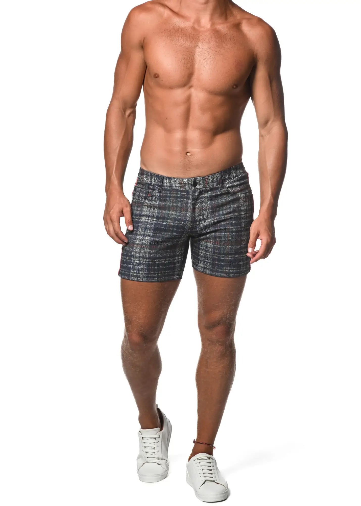Men’s dark gray and black plaid stretch knit shorts with side tape detail for casual wear