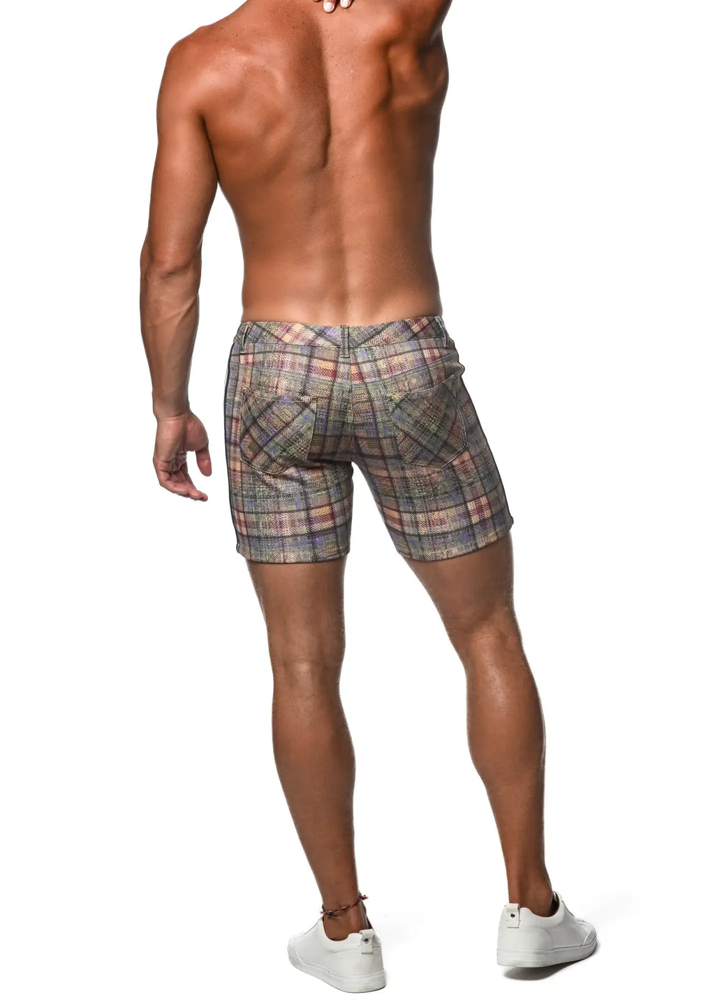 Plaid stretch knit men’s shorts with side tape in muted gray beige and pink tones for casual wear