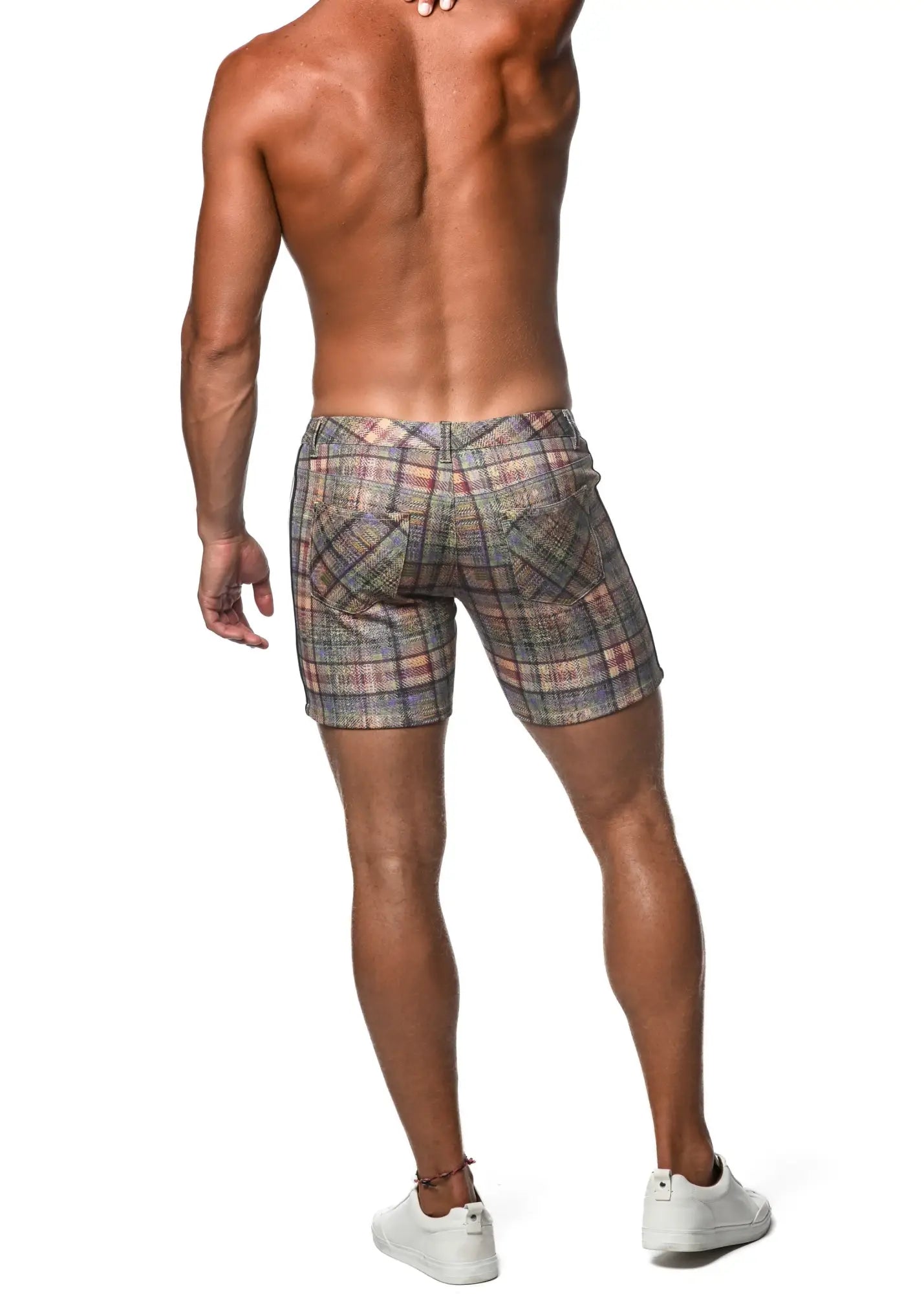 Plaid stretch knit men’s shorts with side tape in muted gray beige and pink tones for casual wear