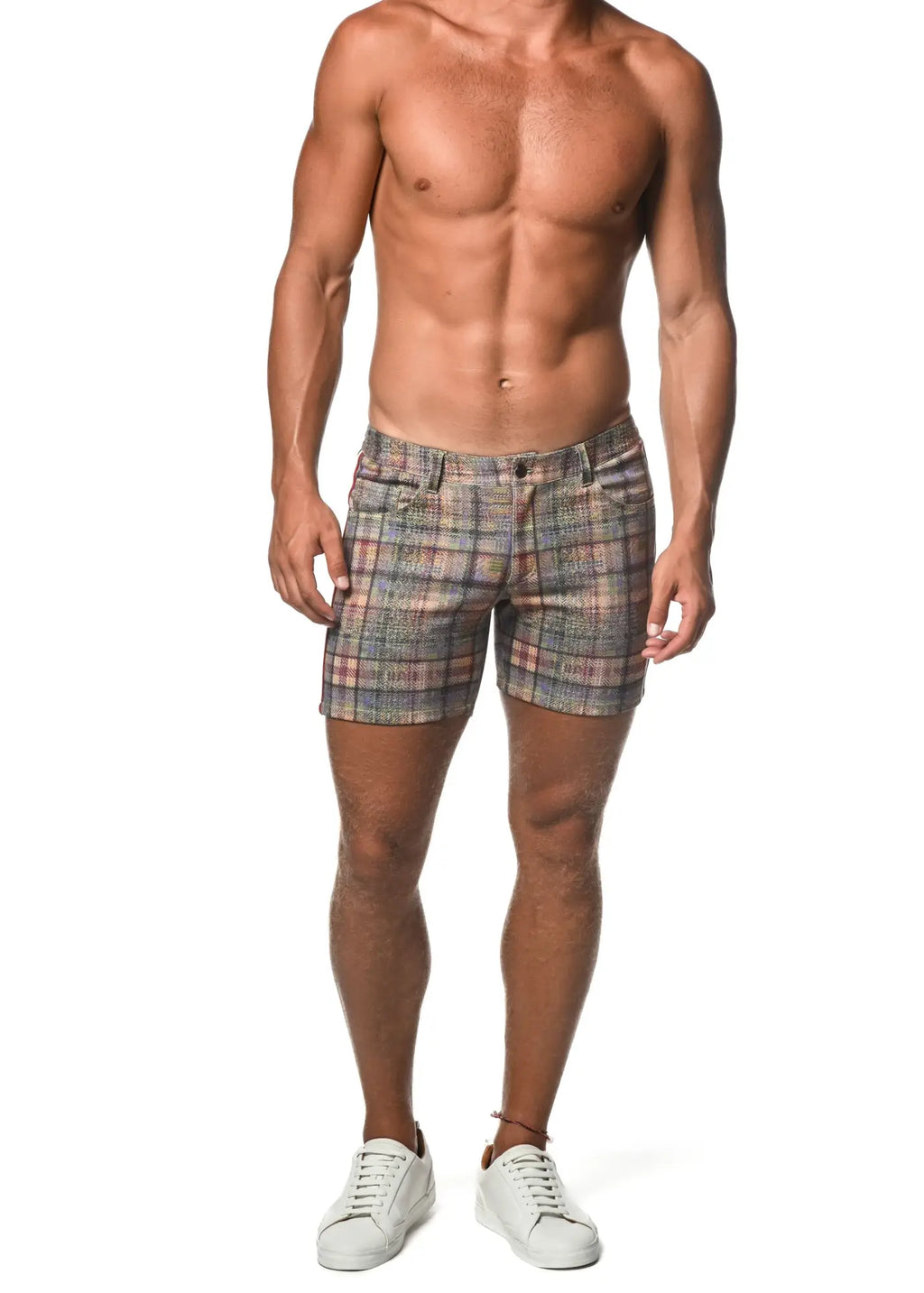 Plaid stretch knit men’s shorts in muted gray pink and beige tones with side tape detailing