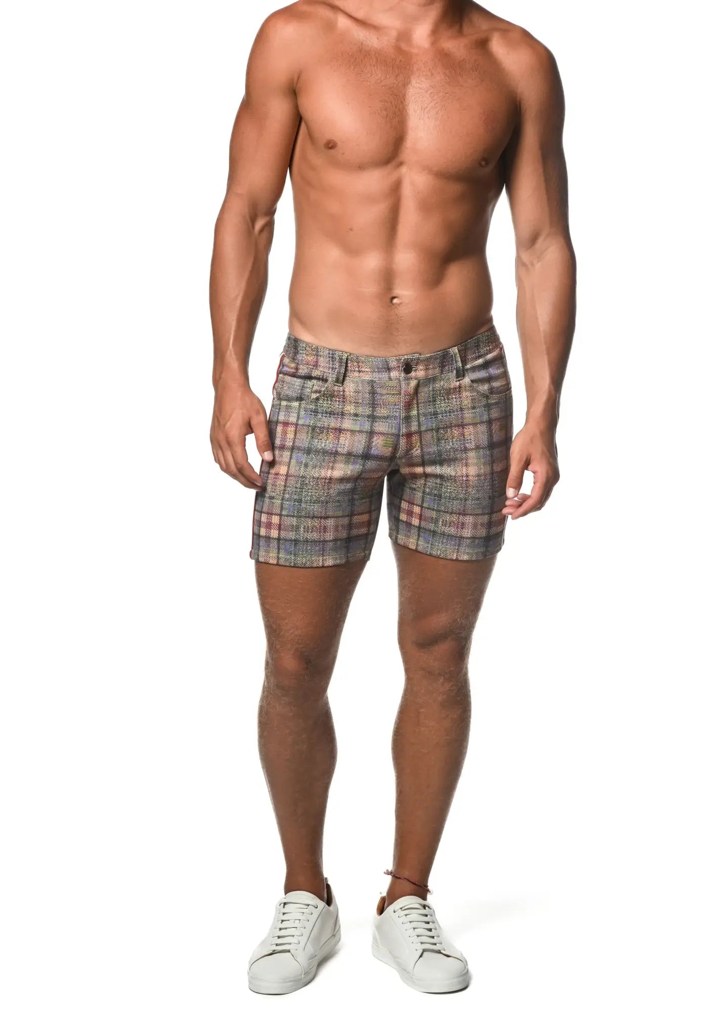Plaid stretch knit men’s shorts in muted gray pink and beige tones with side tape detailing