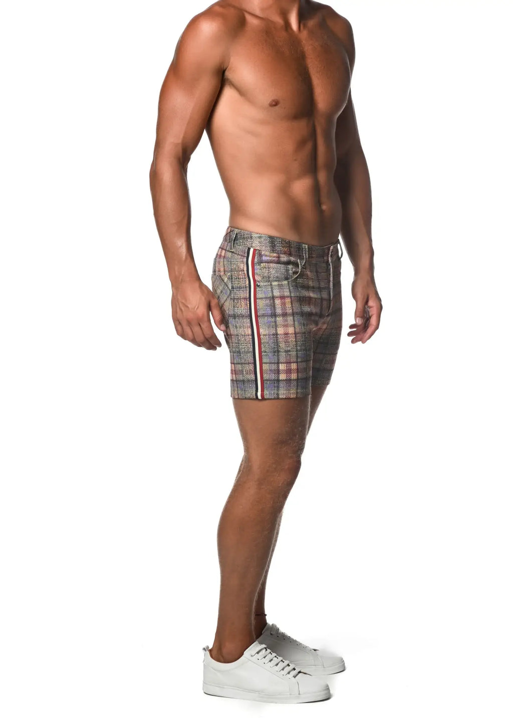 Plaid stretch knit shorts featuring red white and blue vertical side tape for a comfortable stylish fit