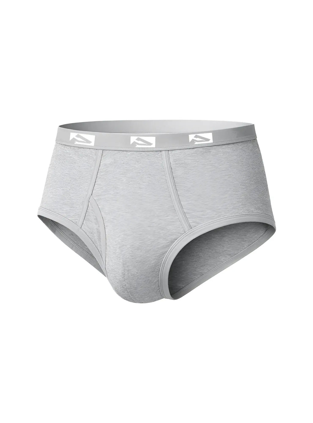 Gray heathered cotton big mans fly front brief with matching elastic waistband and white logo trim