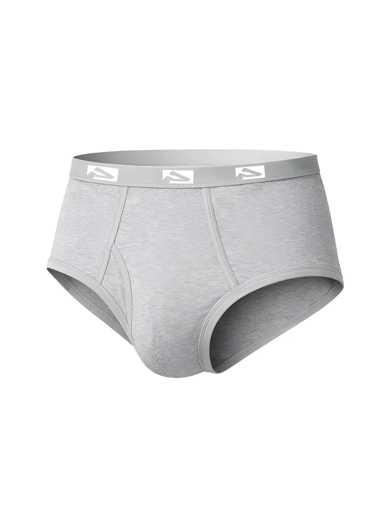 Gray heathered cotton big mans fly front brief with matching elastic waistband and white logo trim