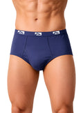 Navy blue big mans fly front brief with white logo waistband designed for comfort and support