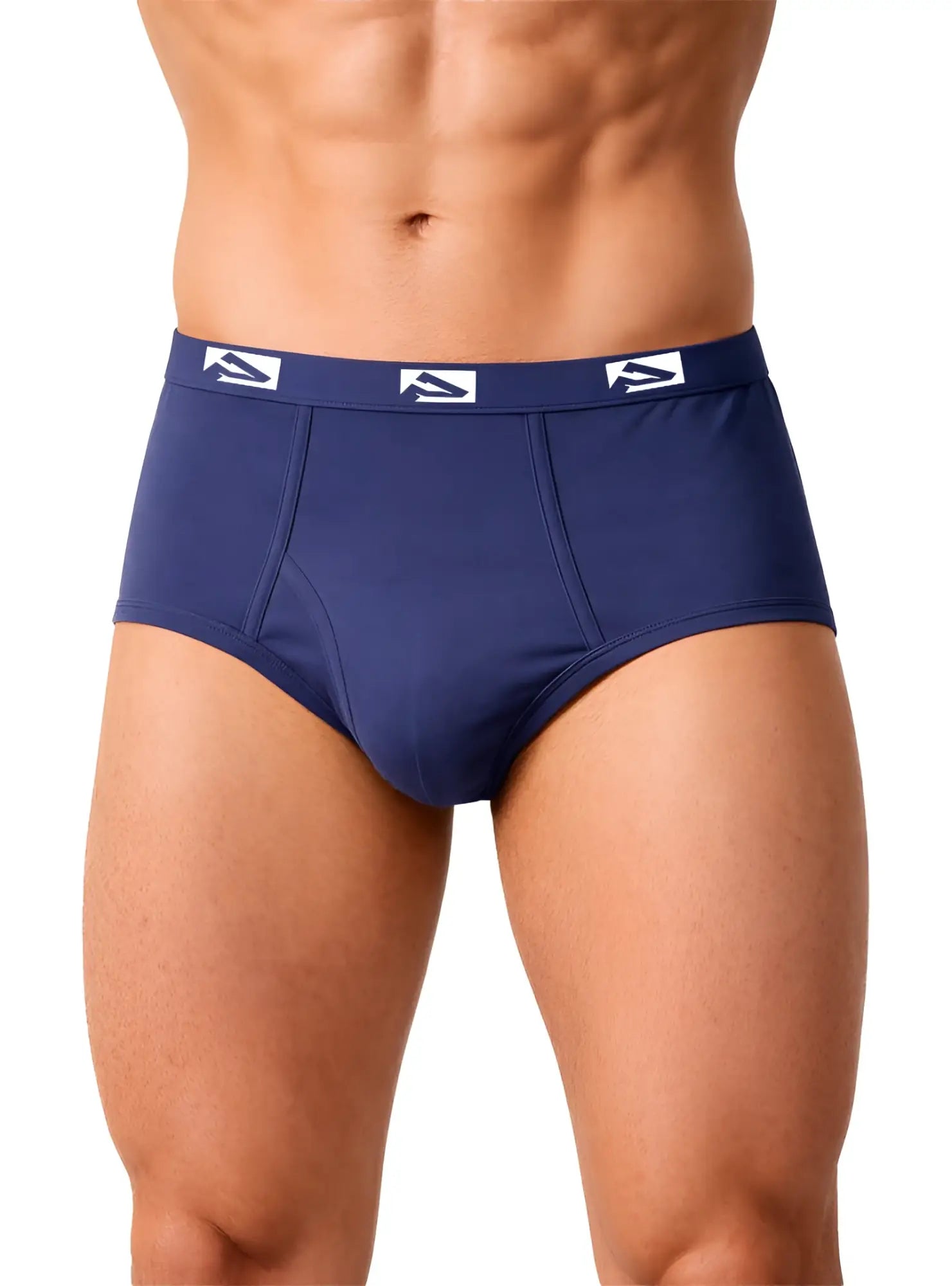 Navy blue big mans fly front brief with white logo waistband designed for comfort and support