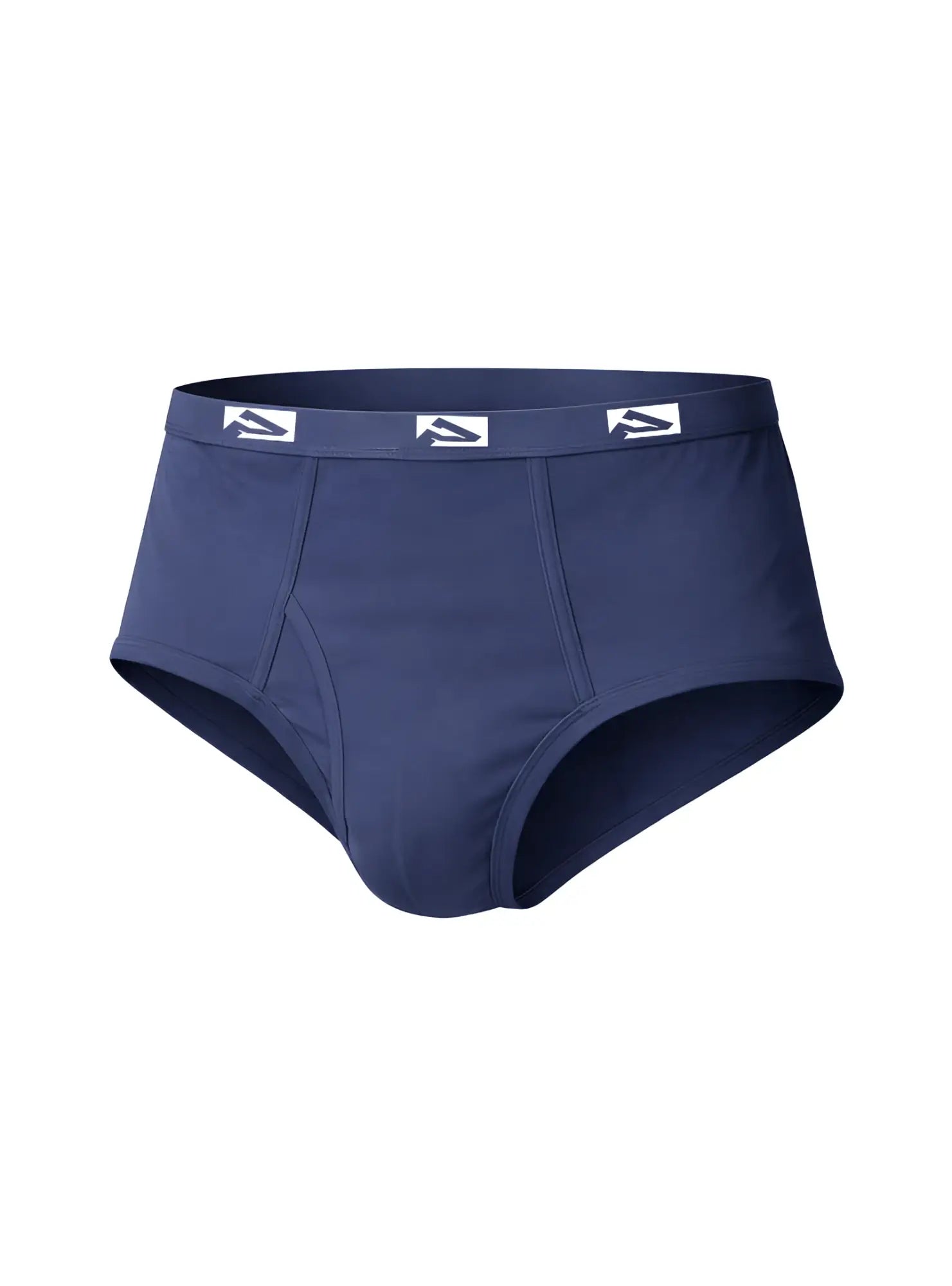 Navy blue men’s fly front briefs with a white logo waistband designed for big men offering comfort and support