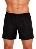 Black nylon active boxer shorts with stretchy elastic waistband and smooth lightweight fabric for athletic use