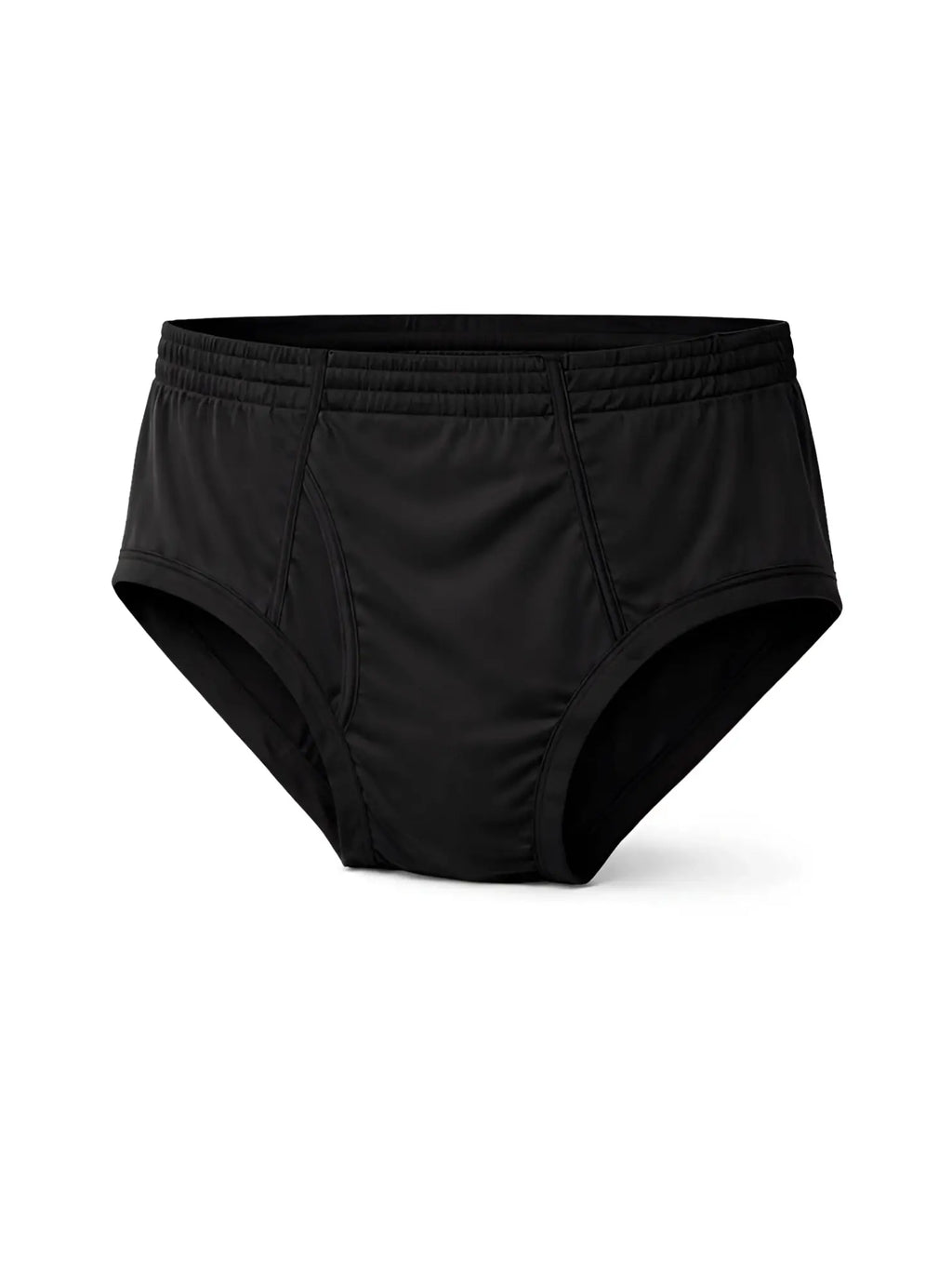 Black men’s nylon active briefs with elastic waistband and smooth form-fitting fabric for comfortable support